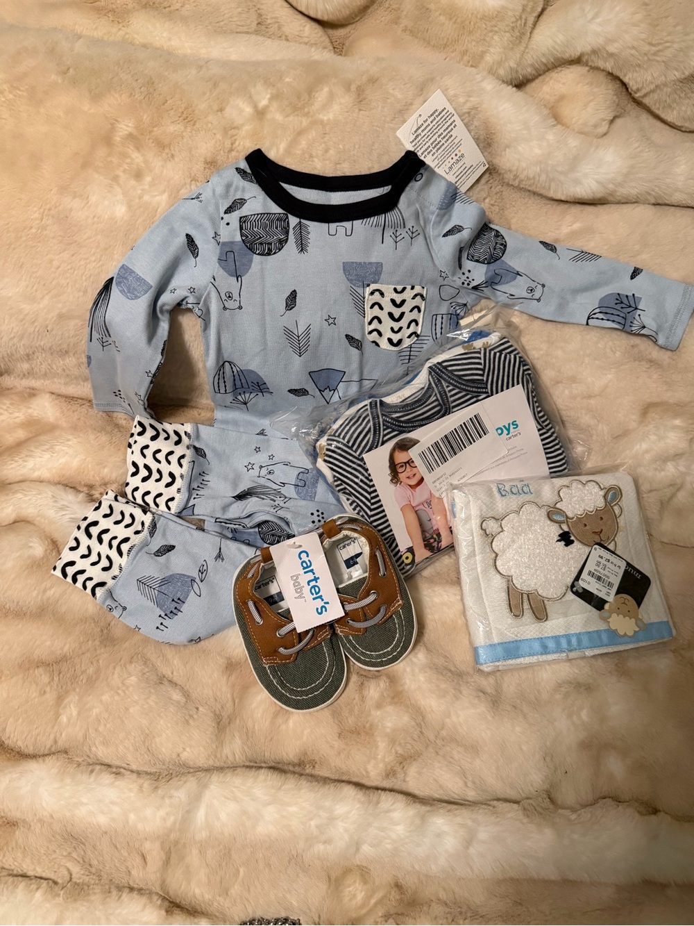 Baby Boy Bundle includes Lamaze Sleeper, Carter's 5pk Onesies and Shoes